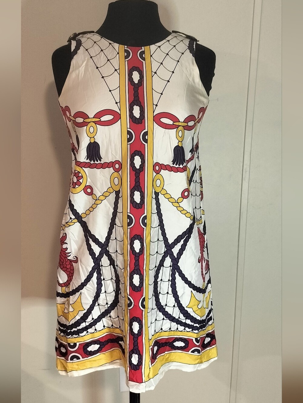 Voom by Joy Han White Nautical Chain Print Mini Dress with Red & Yellow Accents